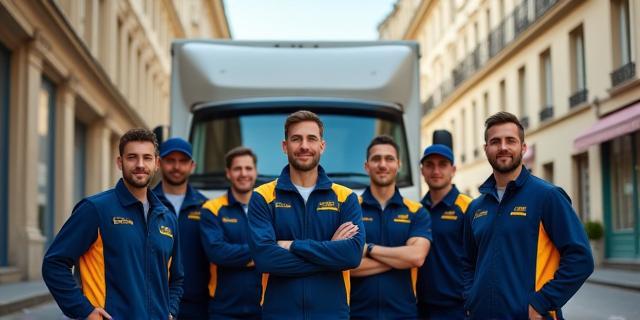 Équipe de déménagement devant un camion à Paris